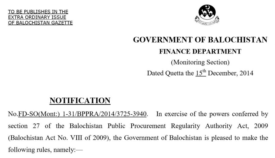 Balochistan Public Procurement Regulatory Authority (BPPRA) 2014 Rules